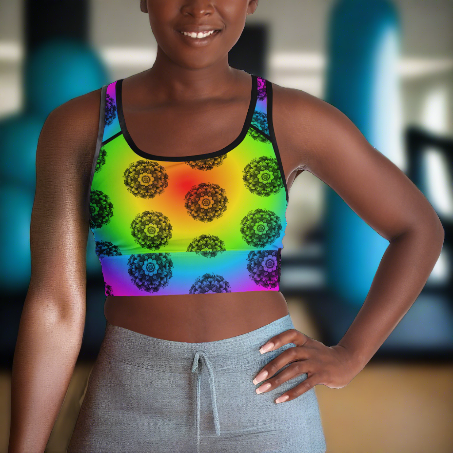colorful sport top with madela flower print