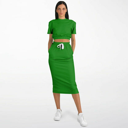 Let's Party Green Fashion Short Sleeve Cropped Top and Long Pocket Skirt Set