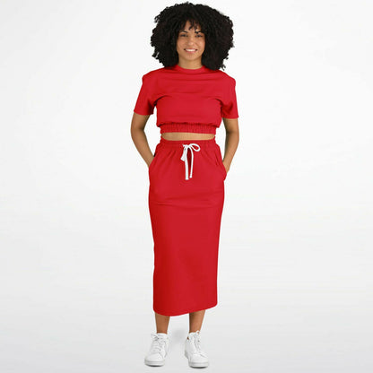 Let's Party Red Fashion Short Sleeve Cropped Top and Long Pocket Skirt Set